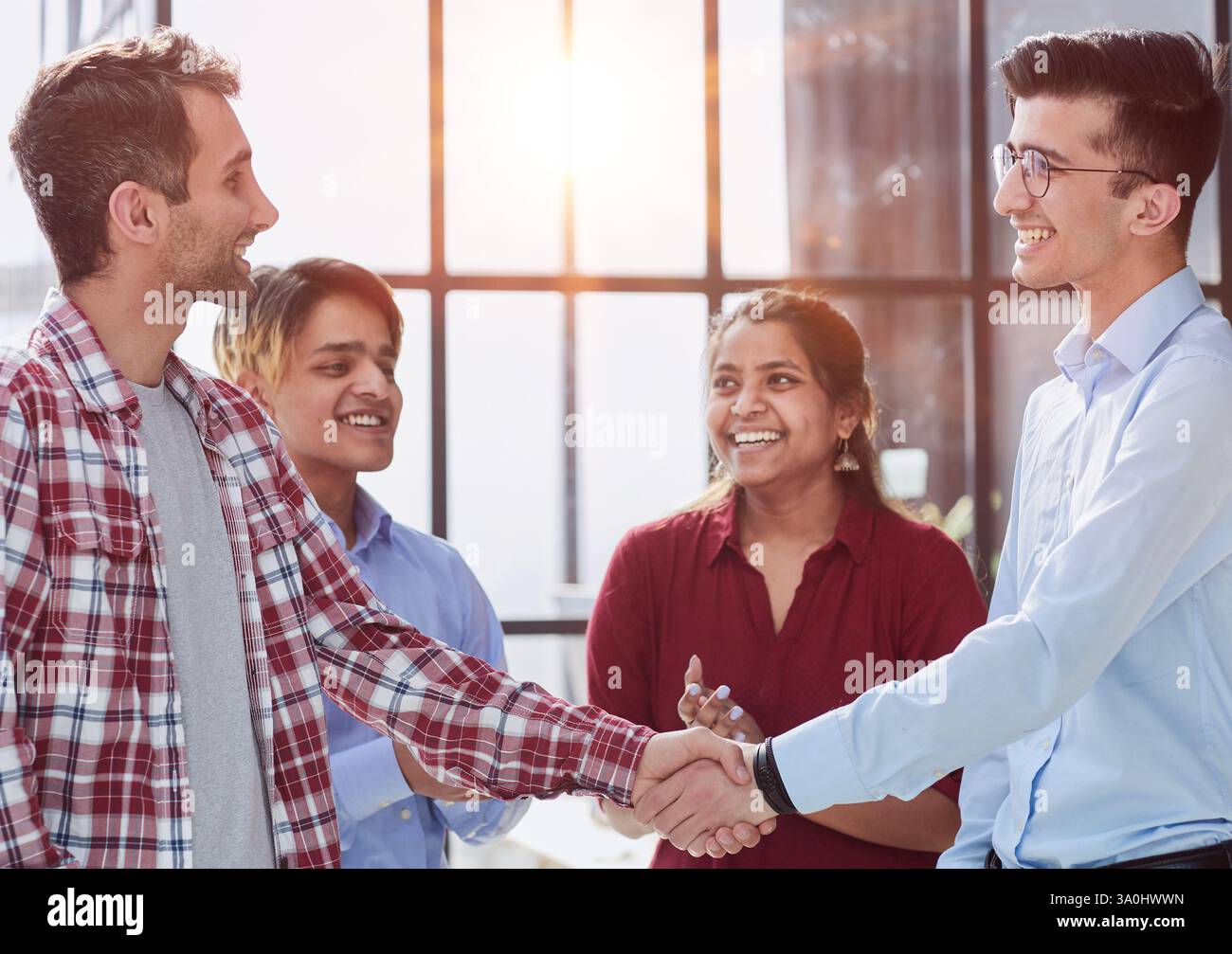 Businessman, partnership and shaking hands for human resources, hiring or greeting in workplace Stock Photo