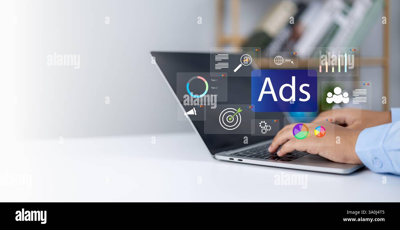 Ads, Product ads, Market, Online advertising concept Internet advertising digital marketing social media, Businessman using laptop with Ads dashboard Stock Photo