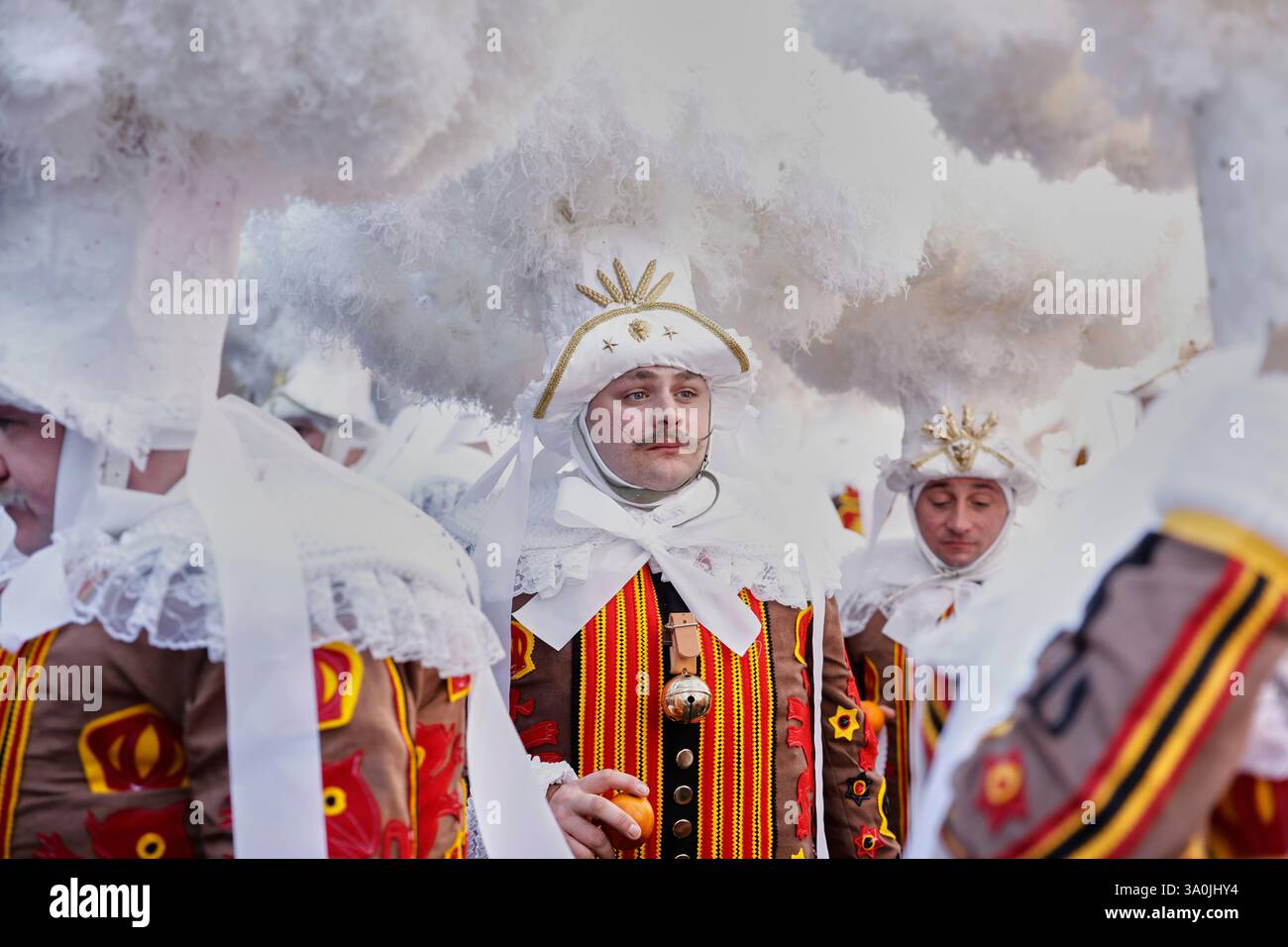 The Gilles of Binche wear their traditional ostrich feather hats and ...