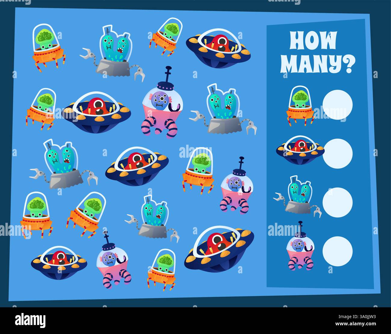 How many aliens with spacecrafts. Preschool kids worksheet. Workbook ...