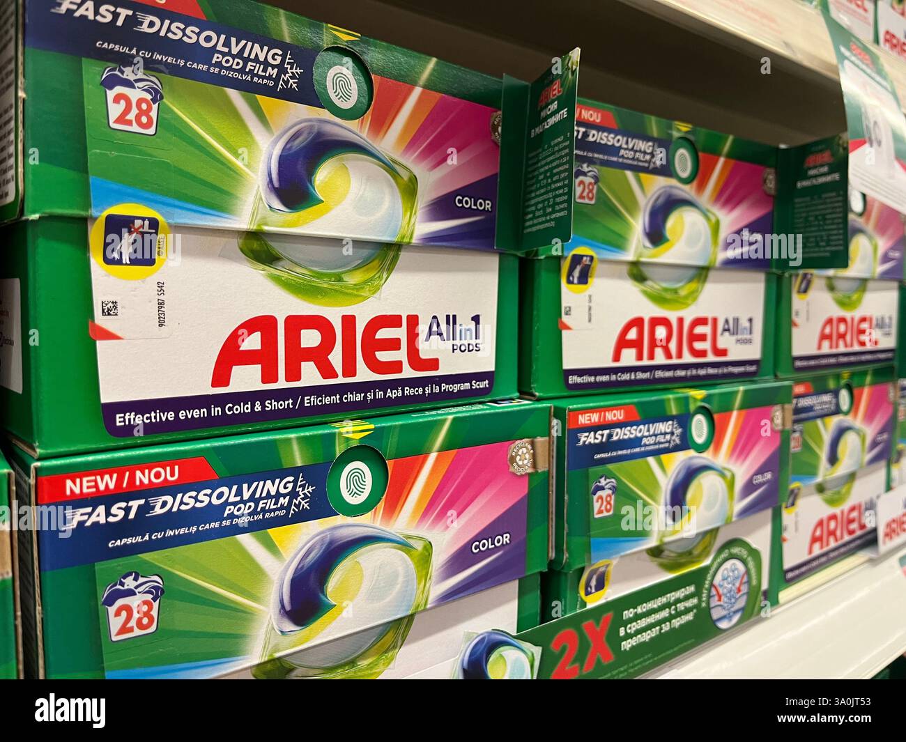 Ariel detergent, Ariel 3in1 pods, shopping, consumerism, supermarket shelf,  washing products, washing liquid, packaging, Liquid detergents - Smartphone Captured Stock Image