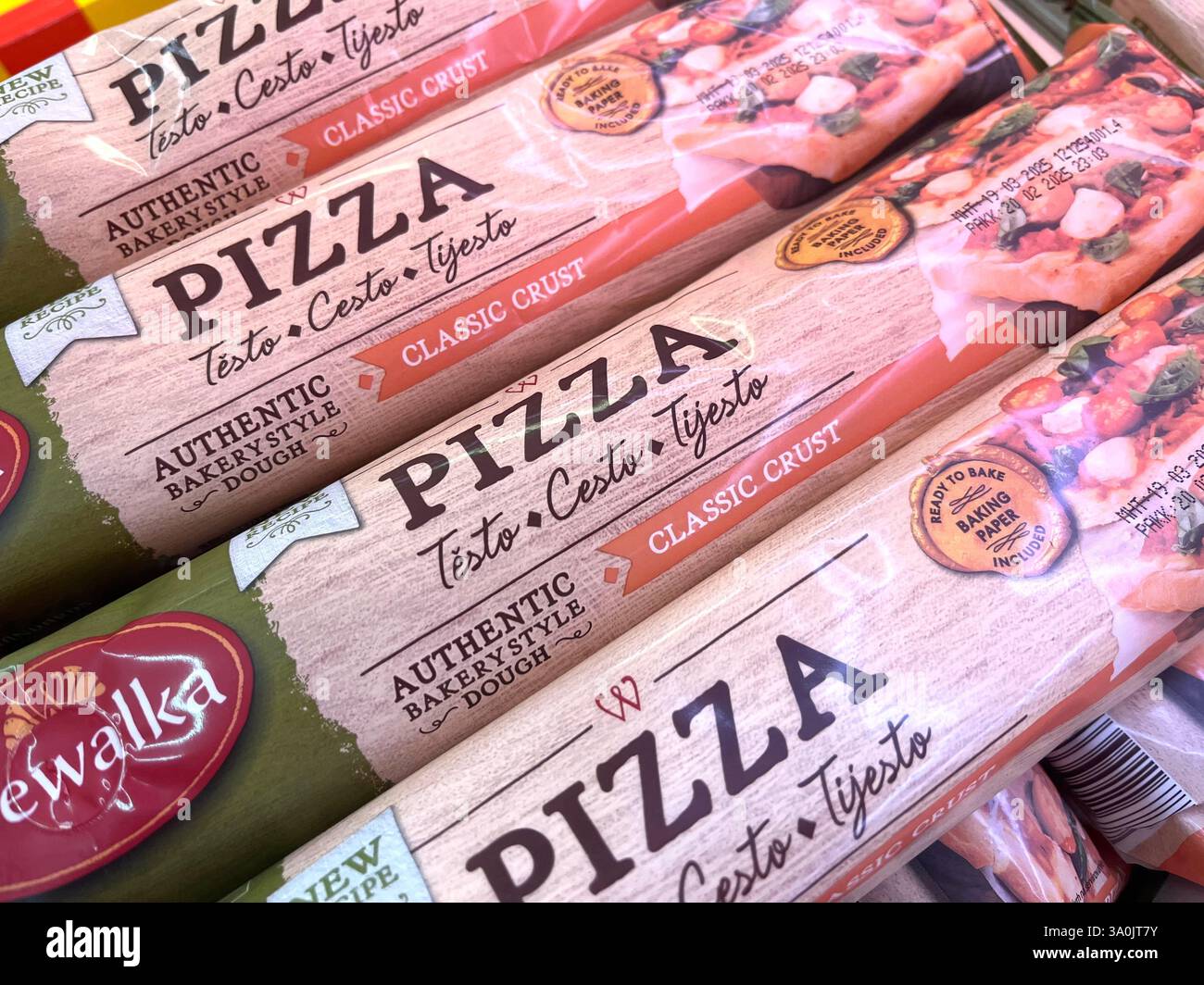 Wewalka, Austrian pizza dough, refrigerated dough, frozen pizza dough, shopping, consumerism, supermarket fridge, chilled dough, made in Austria Stock Photo