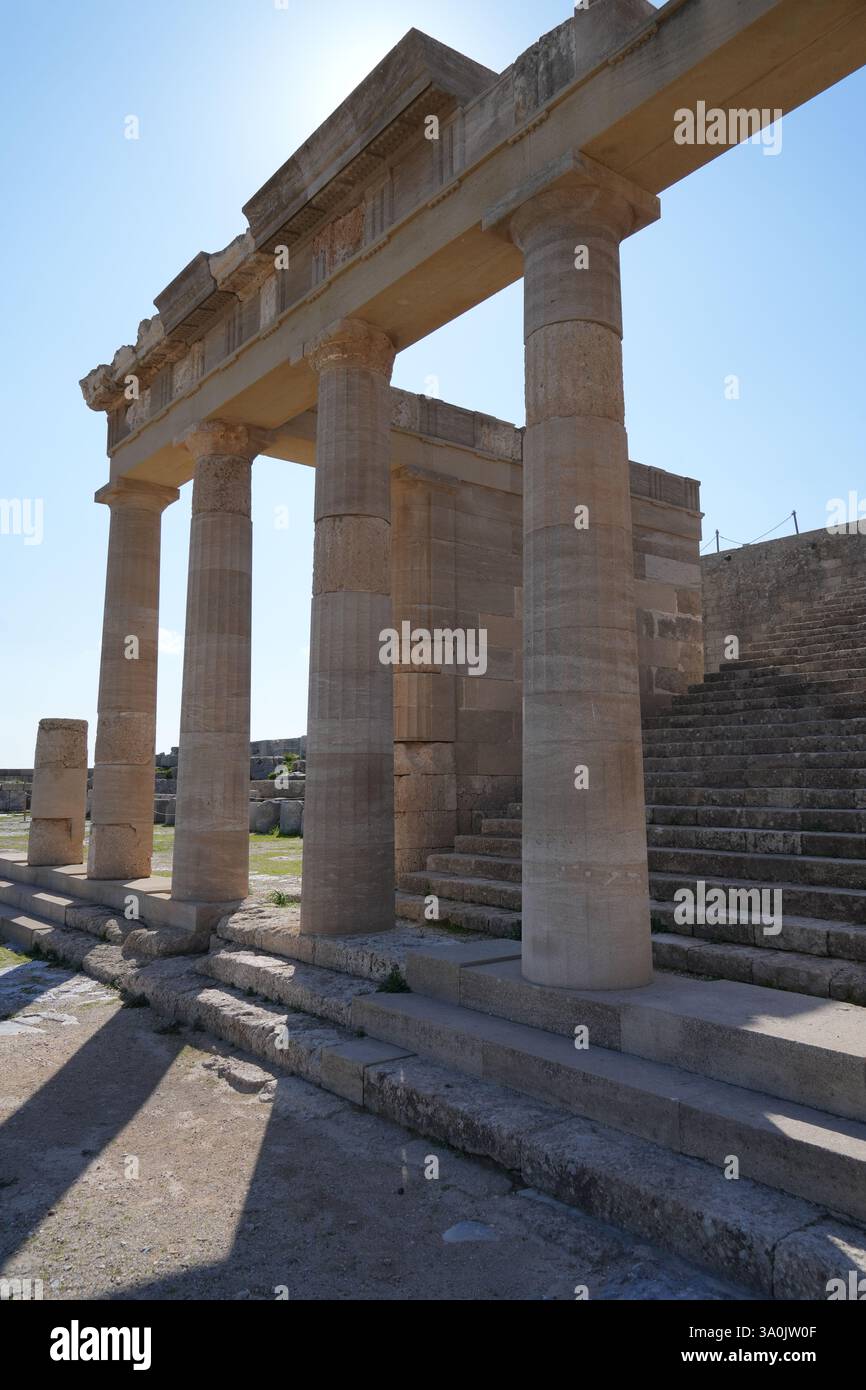 Stone columns of The Temple of Athena Lindia at Lindos Acropolis Stock ...
