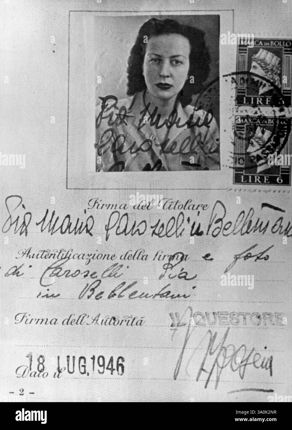 A page from the passport of Contessa Pia Bellentani showing her photograph, She is reported to have shot her lover on the day she returned from a trip to France. ***** at Aversa near Naples while the insanity. The case has many unusual features. The Shooting shooting took place at the Exclusive villa D'Este. The victim is reported to have had many love affairs, but he also had a wife who has come into the trial as a civil party. August 13, 1946. (Photo by Paul Popper). Stock Photo