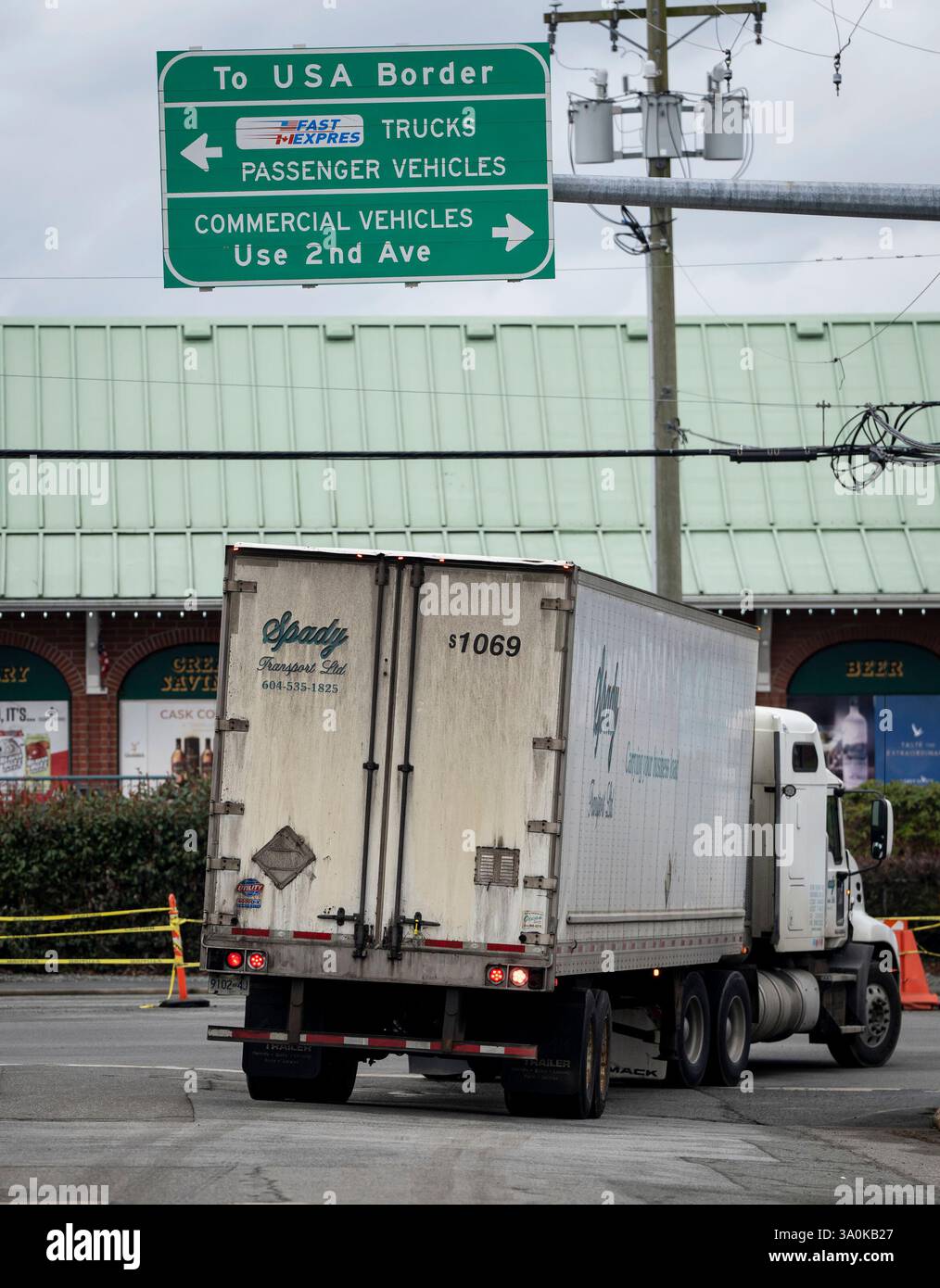 A truck leaves the United States and Canada border in Surrey B.C., on