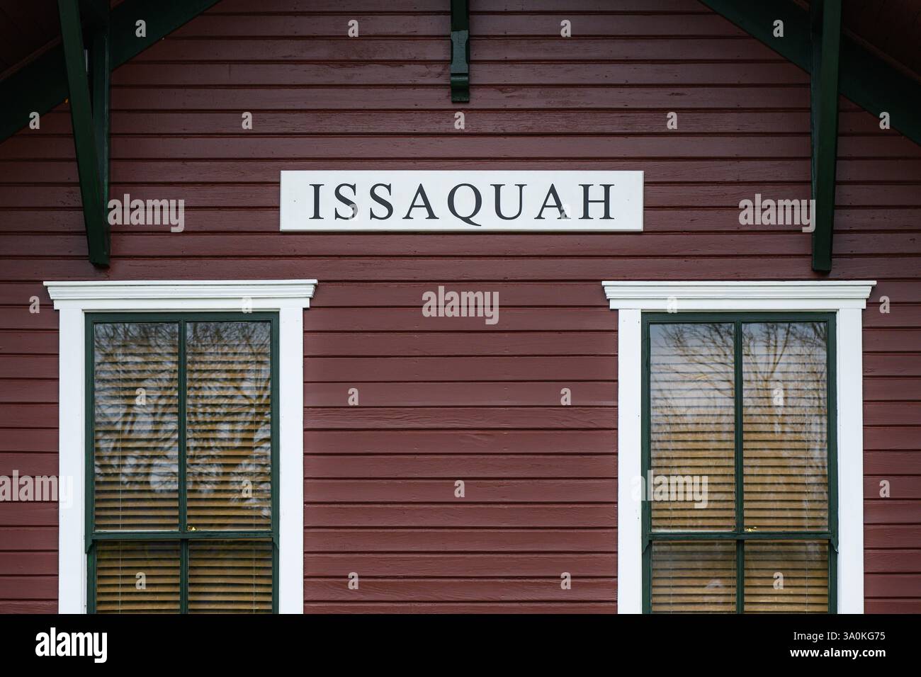 Issaquah, WA, USA - February 24, 2025; Destination place sign on historic railroad depot in Issaquah Stock Photo