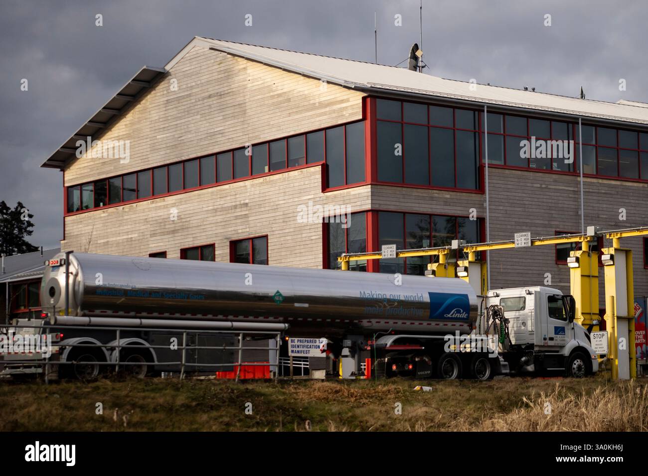 A truck waits at the United States and Canada border in Surrey B.C., on