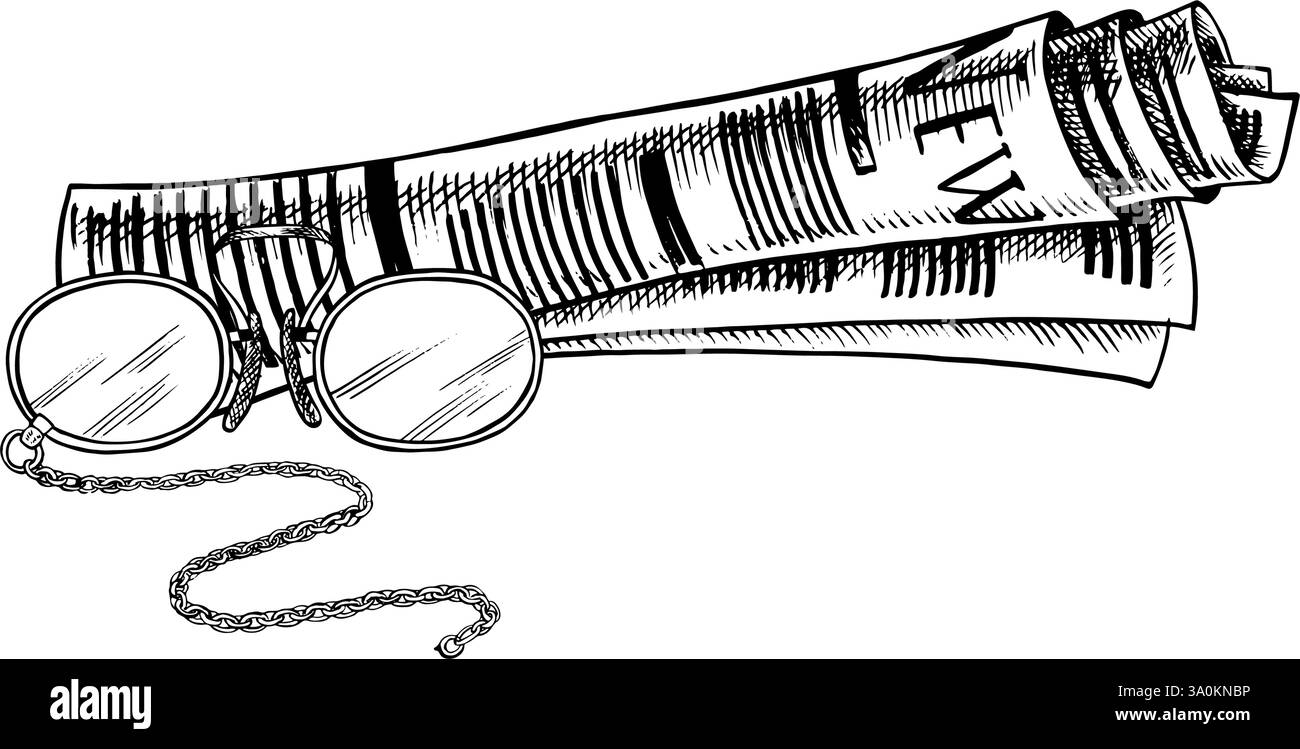 A roll of newspaper and vintage glasses. Hand-drawn vector illustration ...