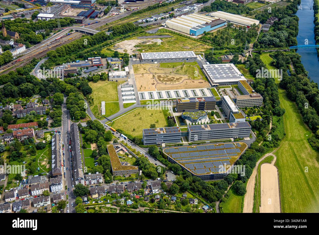 Aerial view, Aldi Süd company premises, Burgstraße, solar roof, Styrum - South, Mülheim an der Ruhr, Ruhr area, North Rhine-Westphalia, Germany Stock Photo