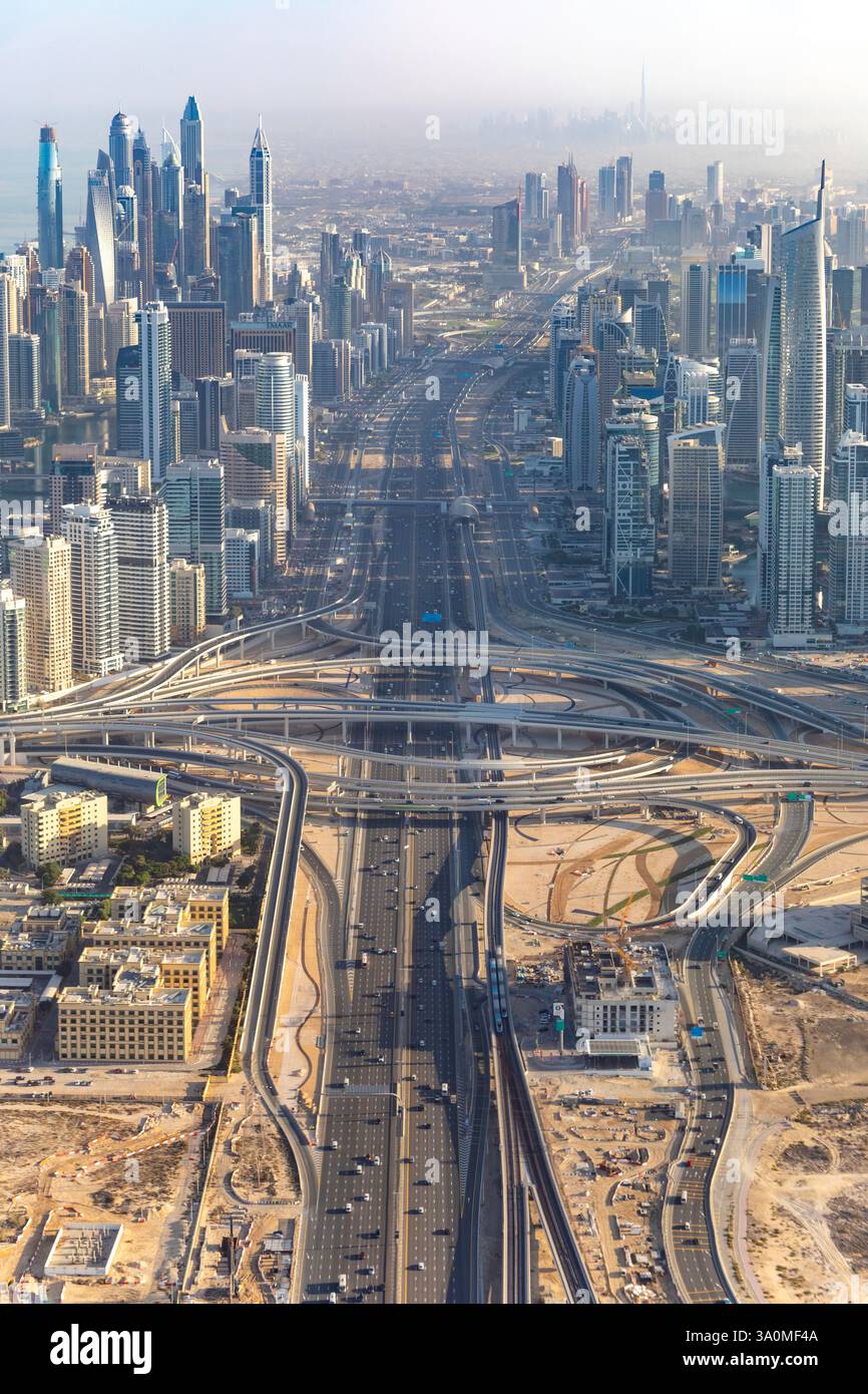 Sheikh Zayed Rd Aerial panorama of Dubai’s Sheikh Zayed Road and futuristic skyline ...