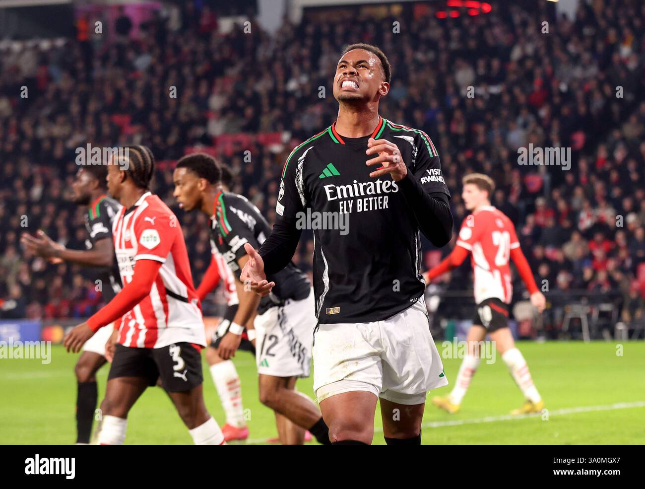 Arsenal's Gabriel reacts during the UEFA Champions League Round of 16 ...