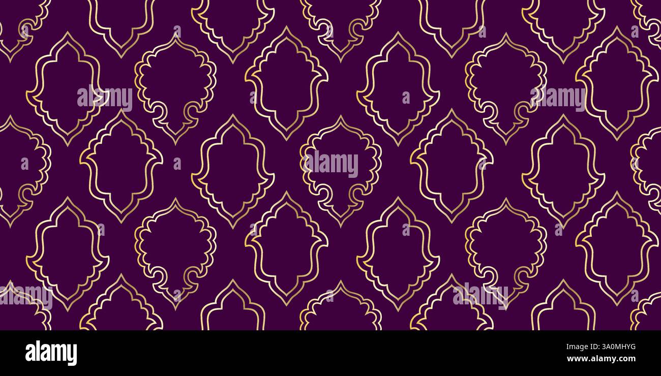 Mashrabiya print. Arabic window and islamic doors frame shape seamless pattern. Oriental architecture elements. Stock Vector