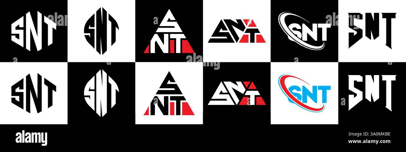 SNT letter logo design in six style. SNT polygon, circle, triangle, hexagon, flat and simple style with black and white color variation letter logo se Stock Vector