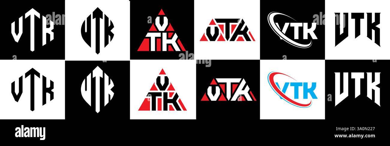 VTK letter logo design in six style. VTK polygon, circle, triangle, hexagon, flat and simple style with black and white color variation letter logo se Stock Vector