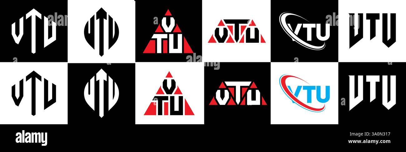 VTU letter logo design in six style. VTU polygon, circle, triangle, hexagon, flat and simple style with black and white color variation letter logo se Stock Vector