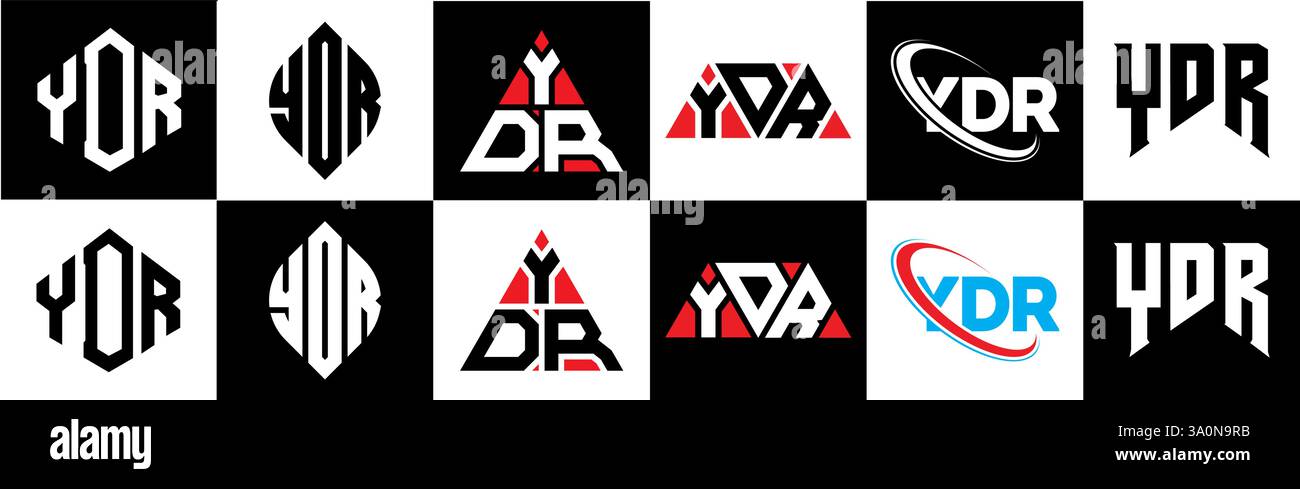 YDR letter logo design in six style. YDR polygon, circle, triangle, hexagon, flat and simple style with black and white color variation letter logo se Stock Vector
