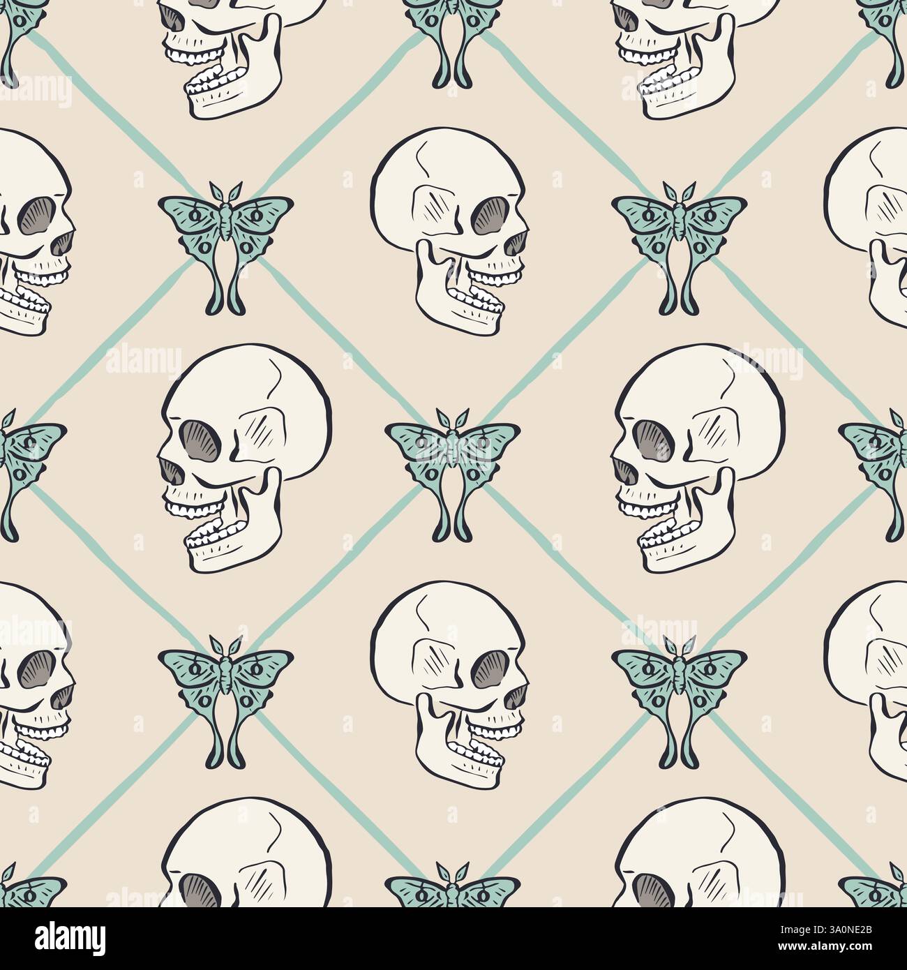 Seamless pattern with hand drawn human skulls and luna moths, inside trellis Stock Vector