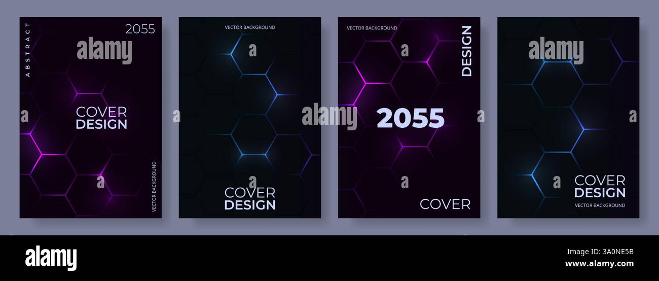 Dark hexagonal abstract technology background set with blue and pink ...