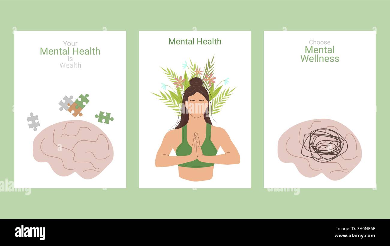 Mental health awareness month layout set poster. Human Brain Puzzles ... - Meditation For Emotional Well-Being