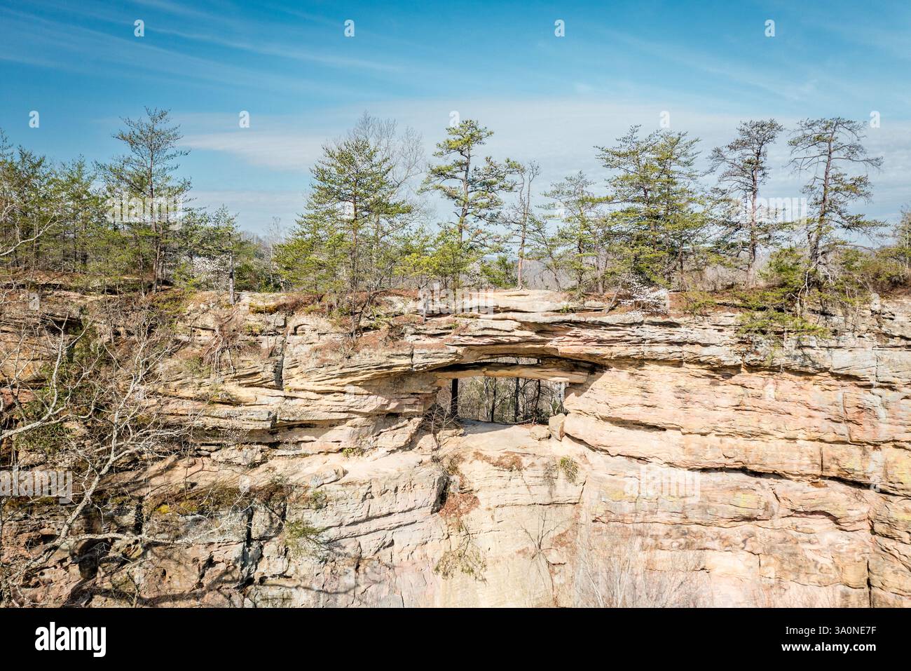 Aerial close-up view of Double Arch rock formation at Red River Gorge ...