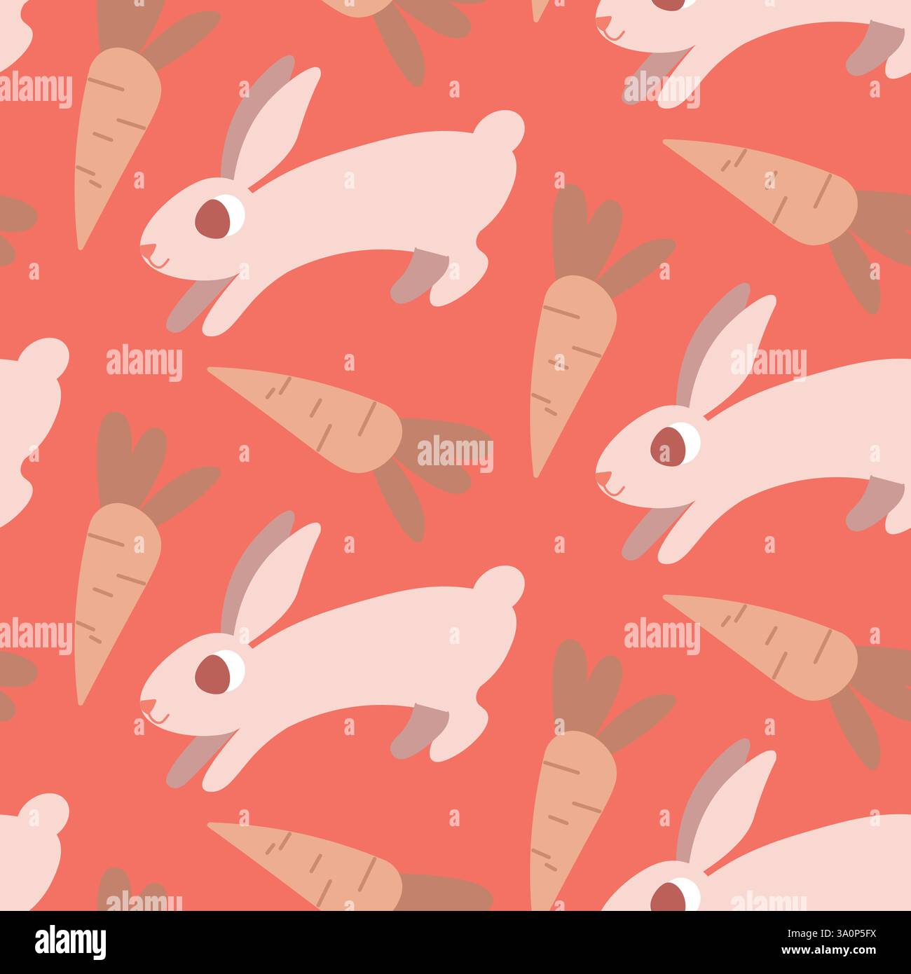 Playful Cartoon Rabbits and Carrots Seamless Pattern on Coral Background Stock Vector