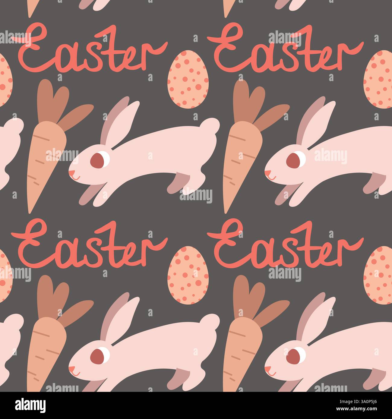 Seamless Easter Pattern with Rabbits, Carrots, and Eggs on Dark Background Stock Vector