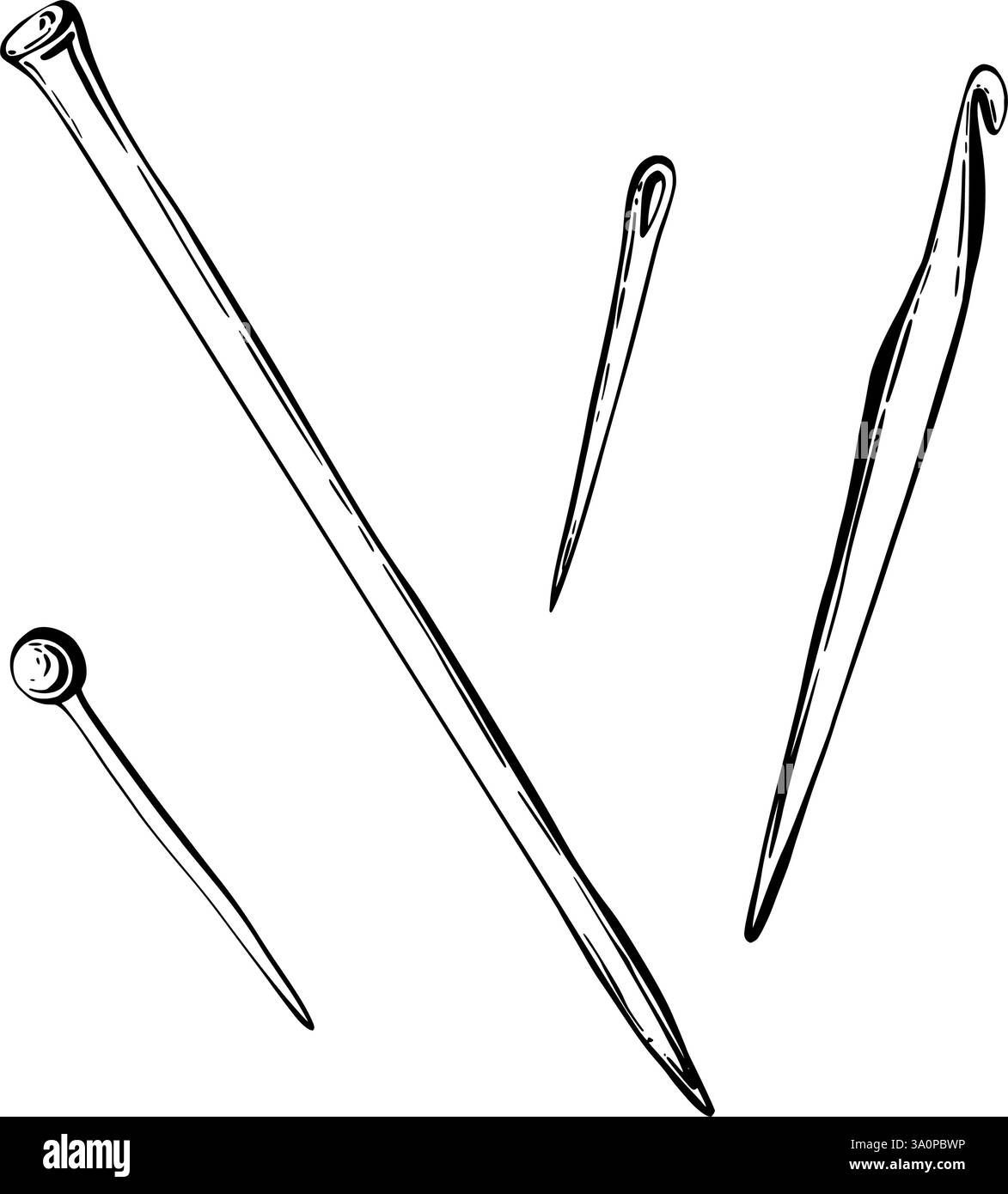 Knitting needle, crochet hook, needle, sewing pin. Needlework, sewing kit vector black line art hand drawn illustration for hobby blogs, labelling Stock Vector