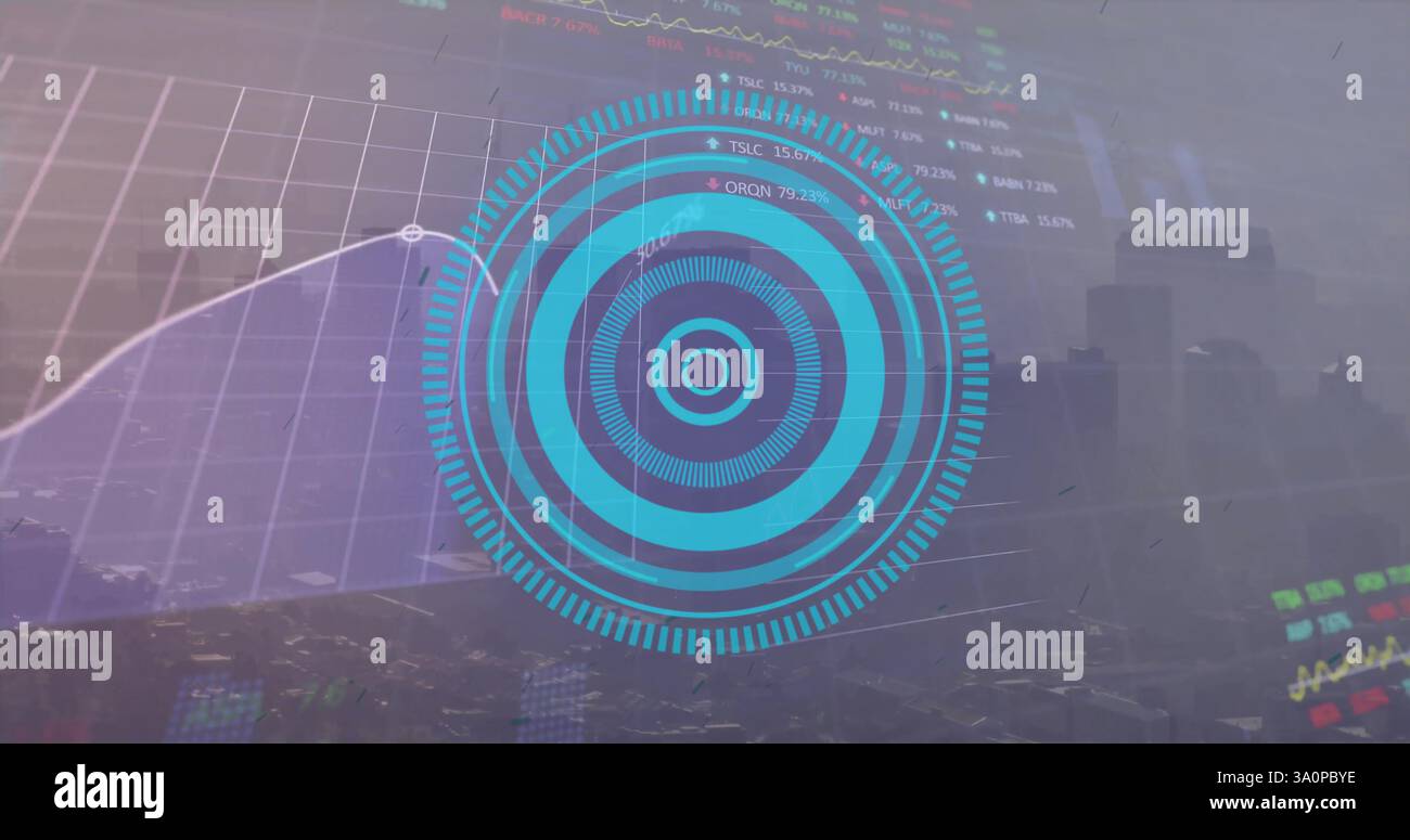 Image of blue circular scanner over financial data processing and cityscape Stock Photo
