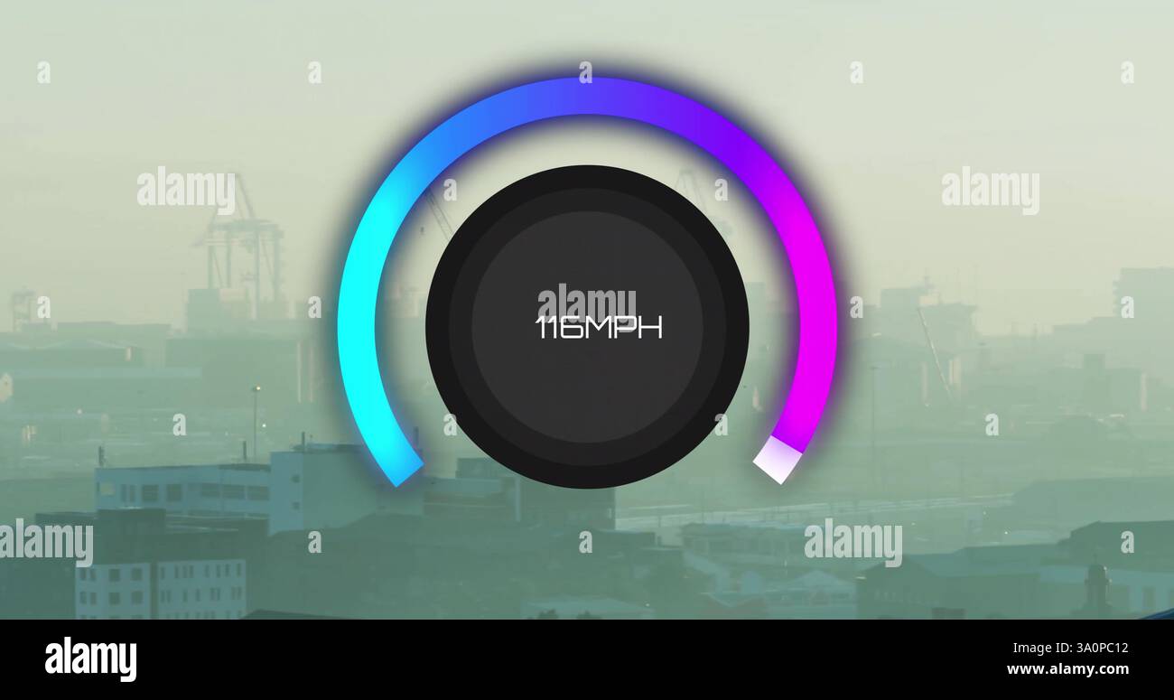 Image of scope with speedometer data processing over cityscape Stock Photo