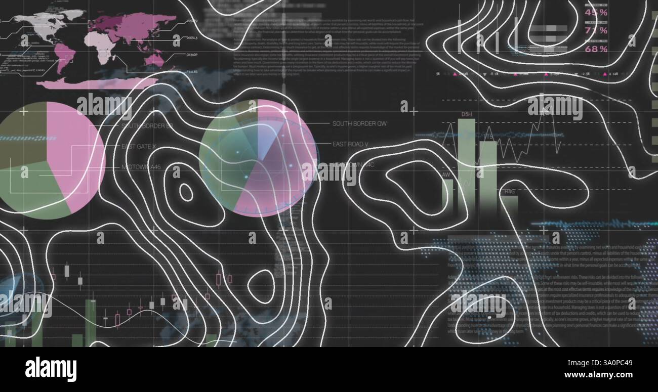 Image of white lines over data processing on black background Stock Photo