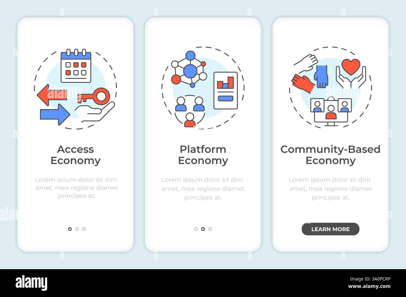 Core elements of sharing economy onboarding mobile app screen Stock Vector