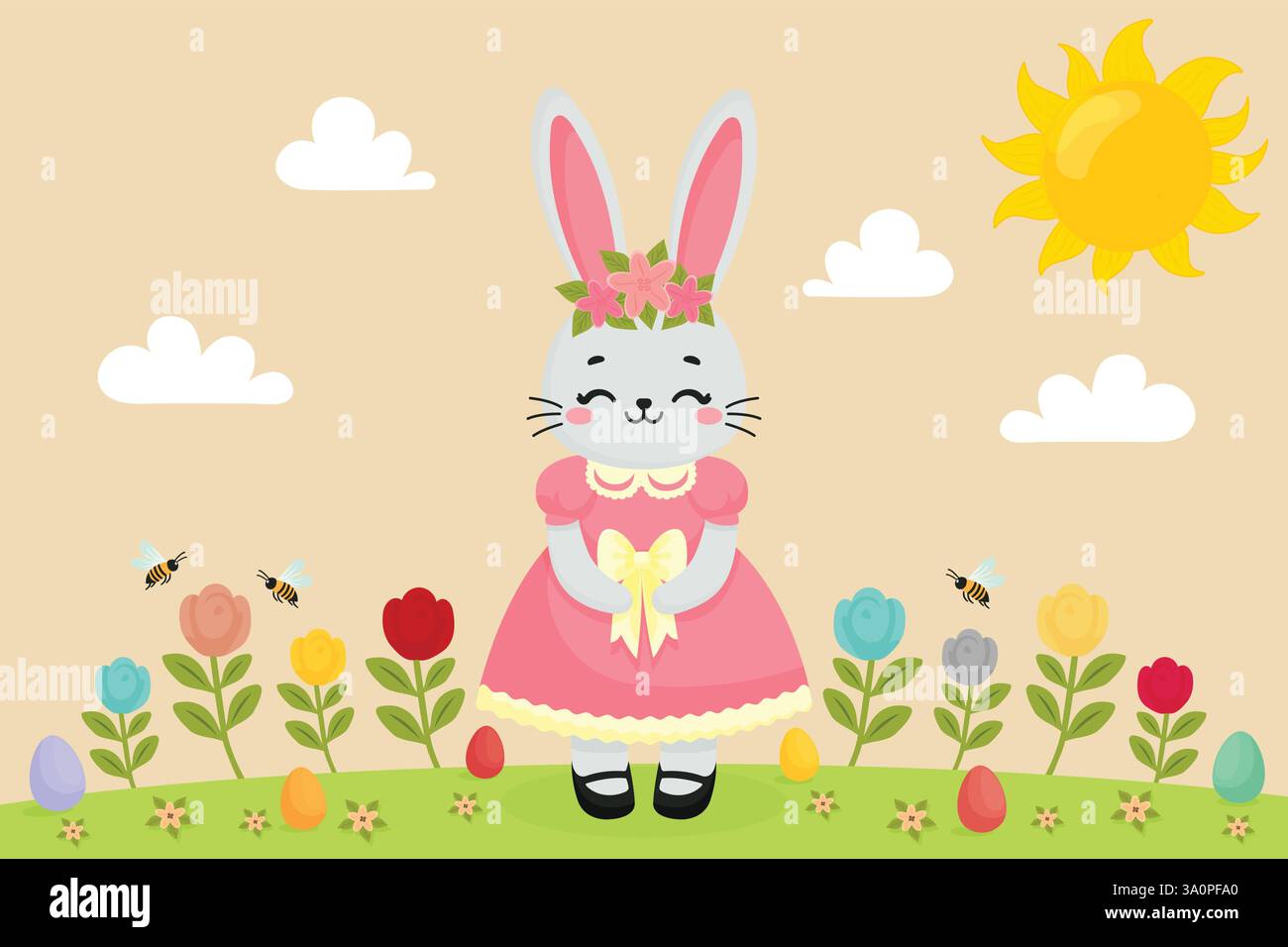Cute Easter Bunny Enjoying an Easter Egg Hunt on a Sunny Spring Day Flat Vector Stock Vector
