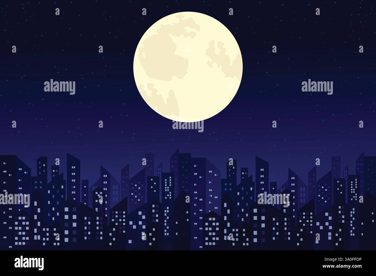 Flat vector illustration of a night city with moon and stars Stock ...