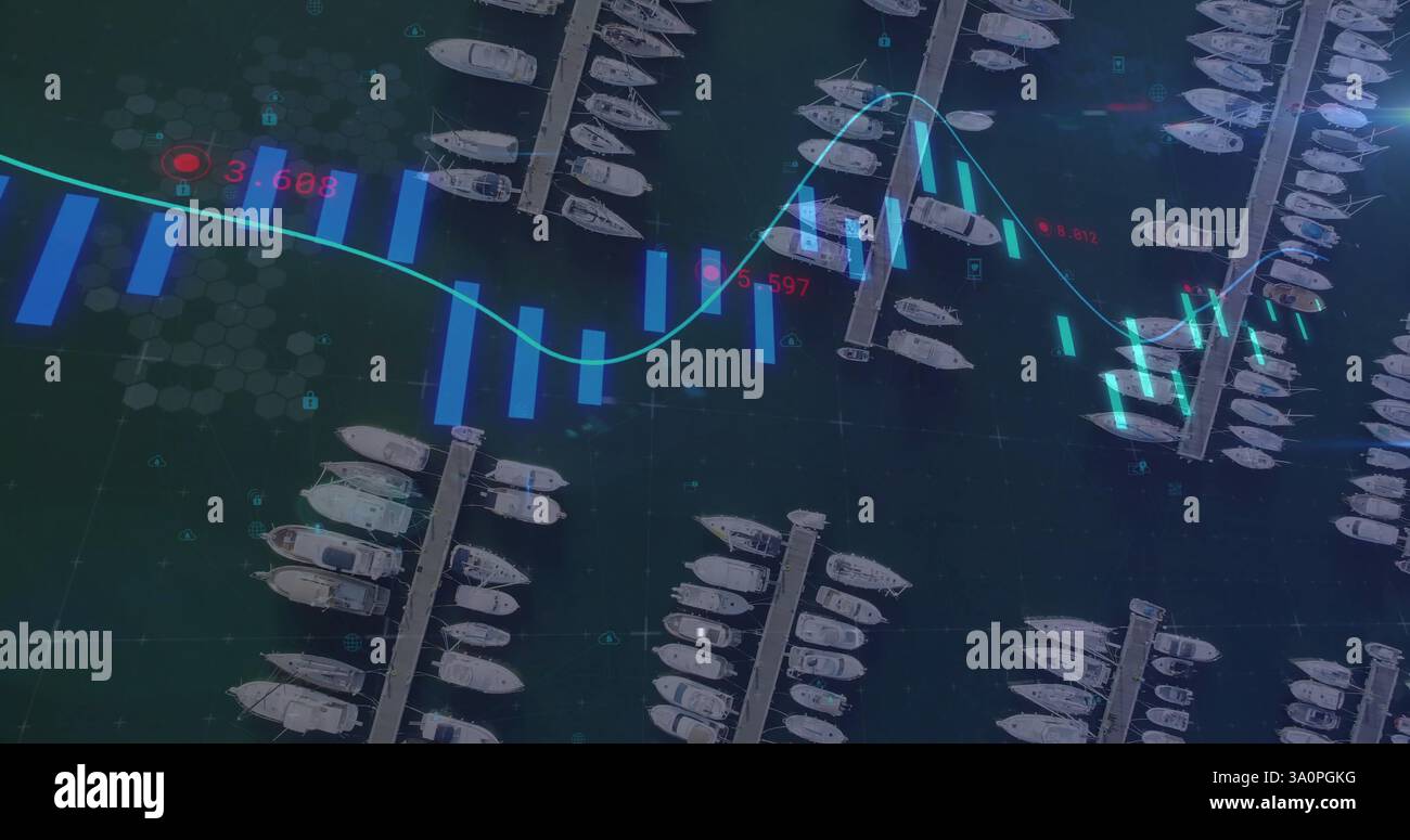 Image of financial data processing over port Stock Photo