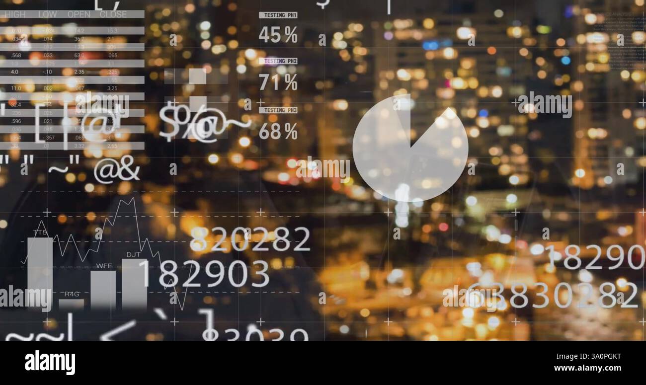 Image of financial data processing over cityscape Stock Photo