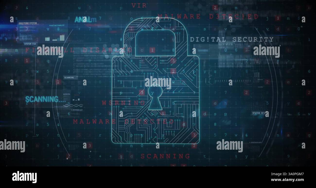 Image of cybercrime, digital security text and padlock network over processing data on black Stock Photo