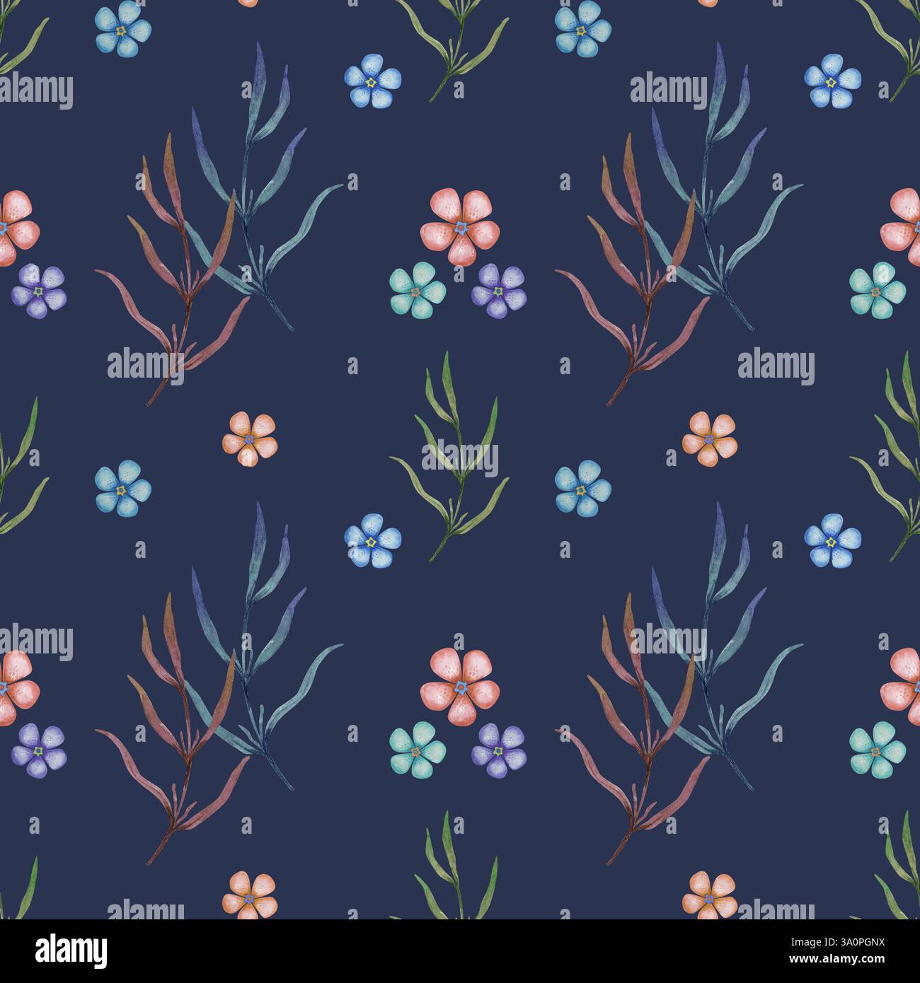 Seamless watercolor floral pattern with delicate wildflowers and leaves ...