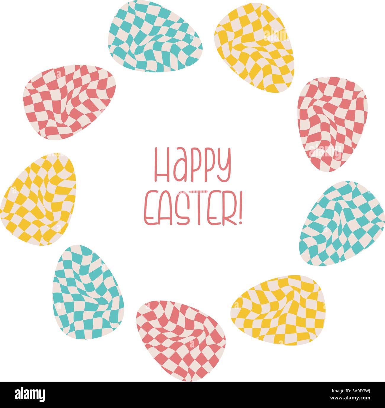 Round Frame From Easter Eggs with Groovy Distorted Checkered Pattern. Retro Twisted Waves Trippy Grid. Border Card Happy Easter. Vector illustration i Stock Vector