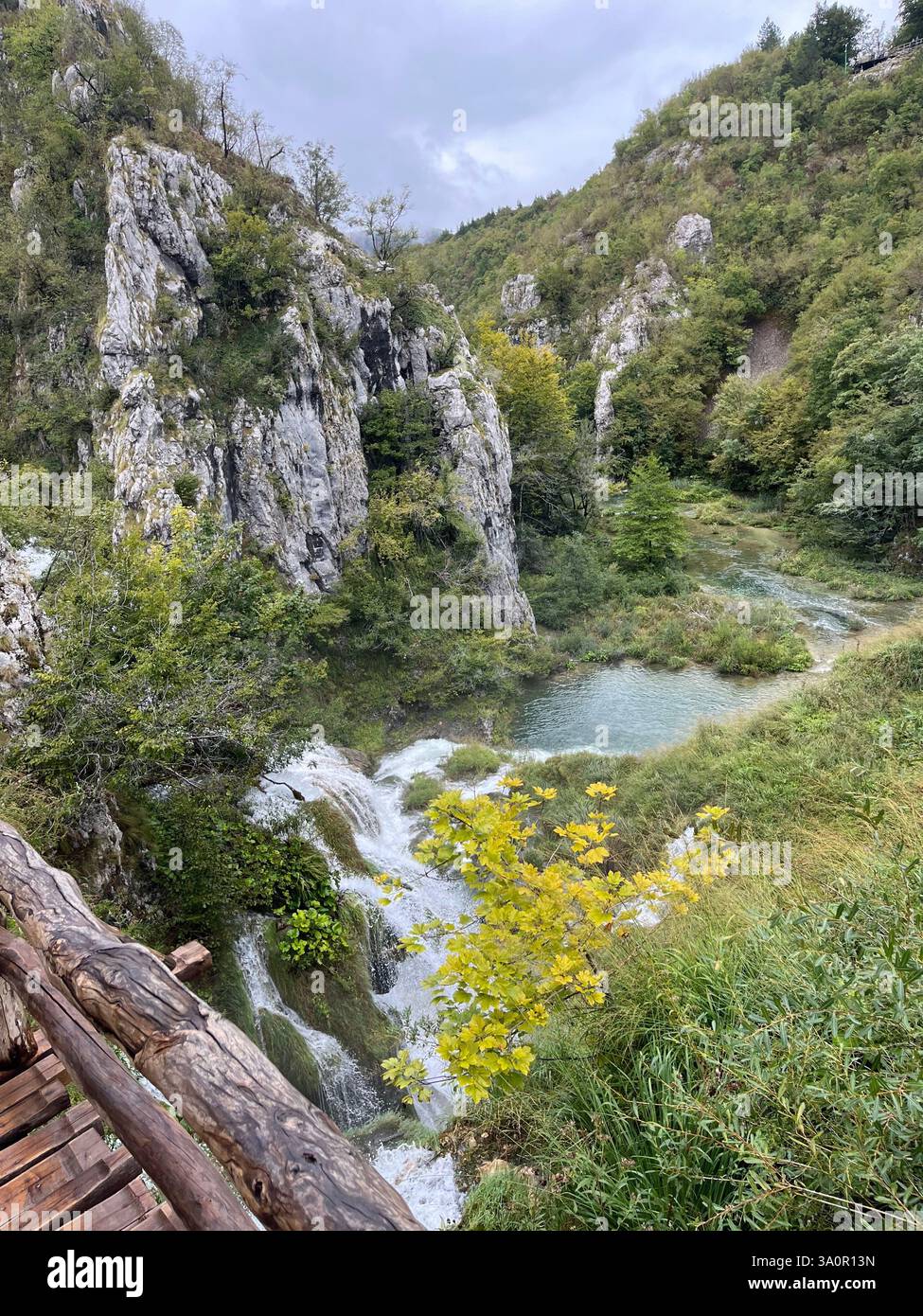 A breathtaking aerial view of lush green nature, with a tranquil water pool nestled between towering rocks. - Smartphone Captured Stock Image