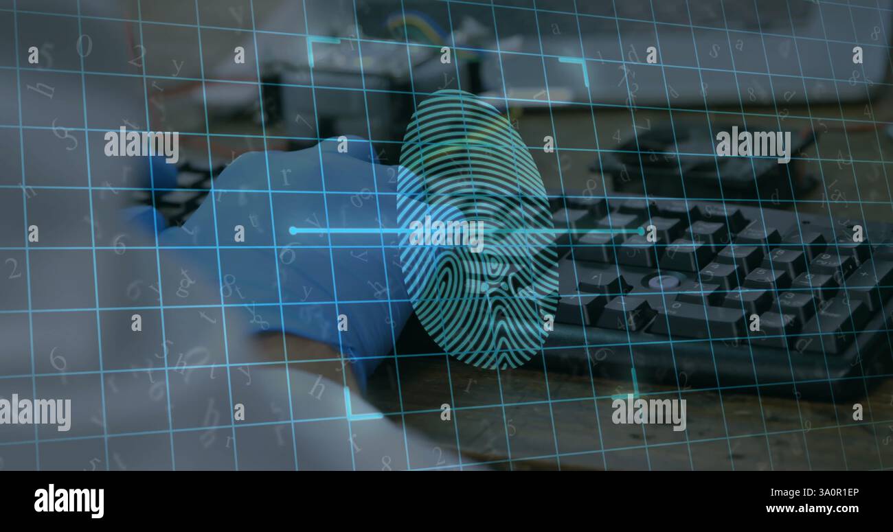 Image of data processing with fingerprint over caucasian scientist using computer Stock Photo