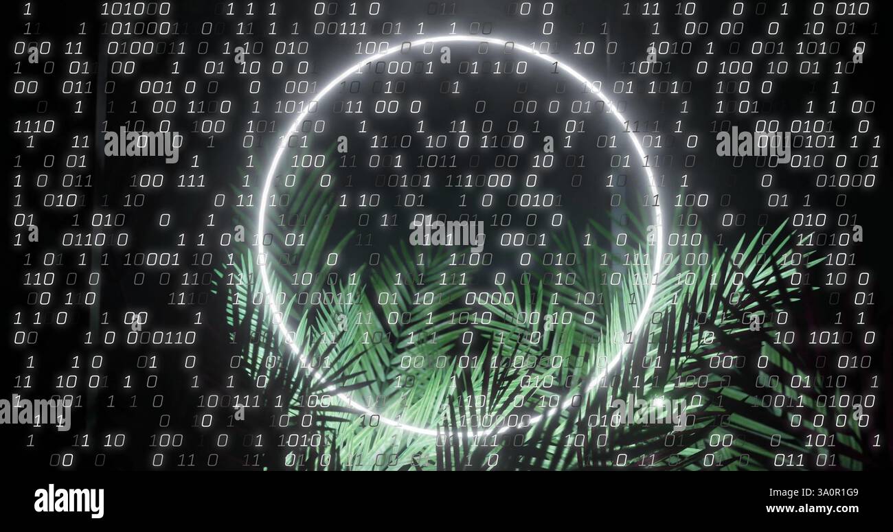 Image of data processing over circle and leaves Stock Photo