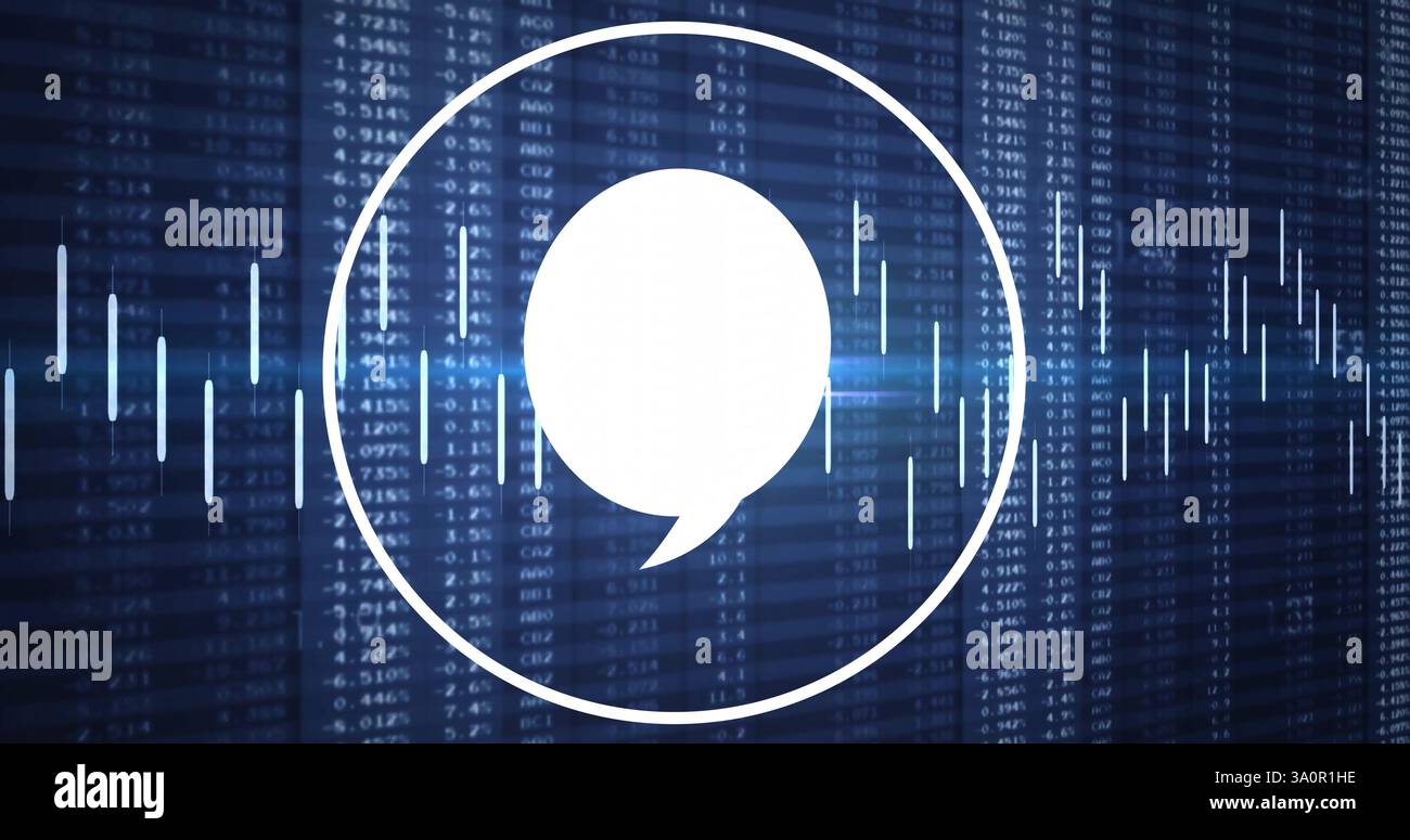 Speech bubble image over financial data processing on digital screen Stock Photo