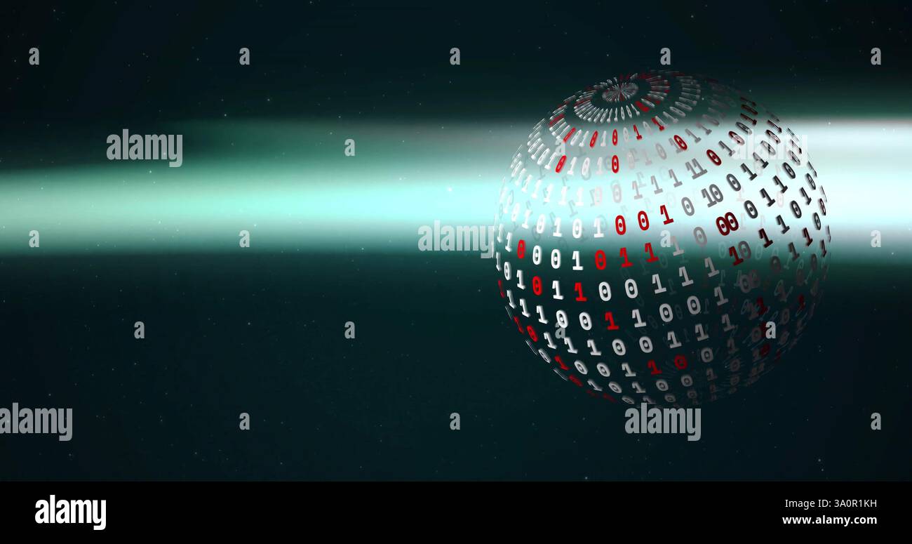 Image of binary coding and globe over light trails Stock Photo