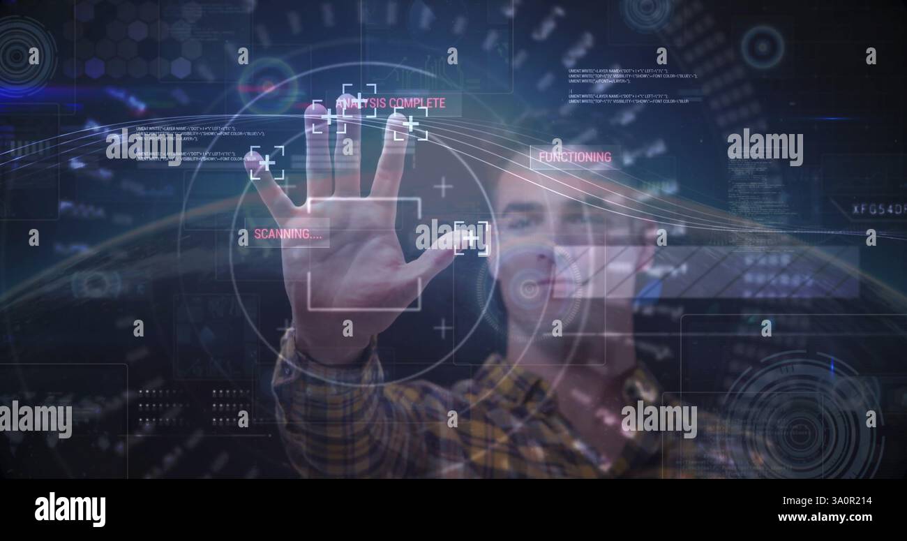 Image of data processing over caucasian man scanning hand Stock Photo