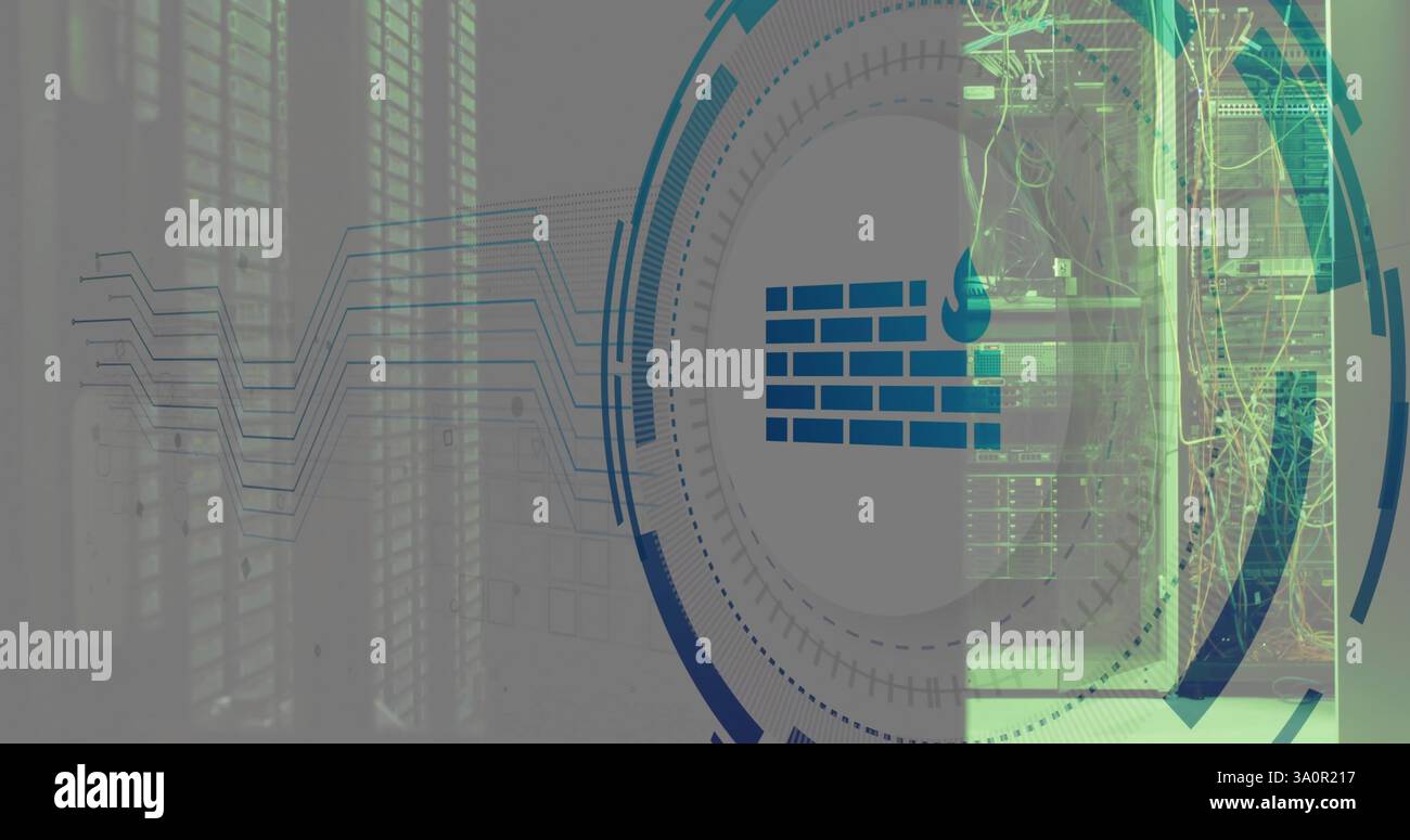 Image of fire wall icon and digital data processing over computer servers Stock Photo
