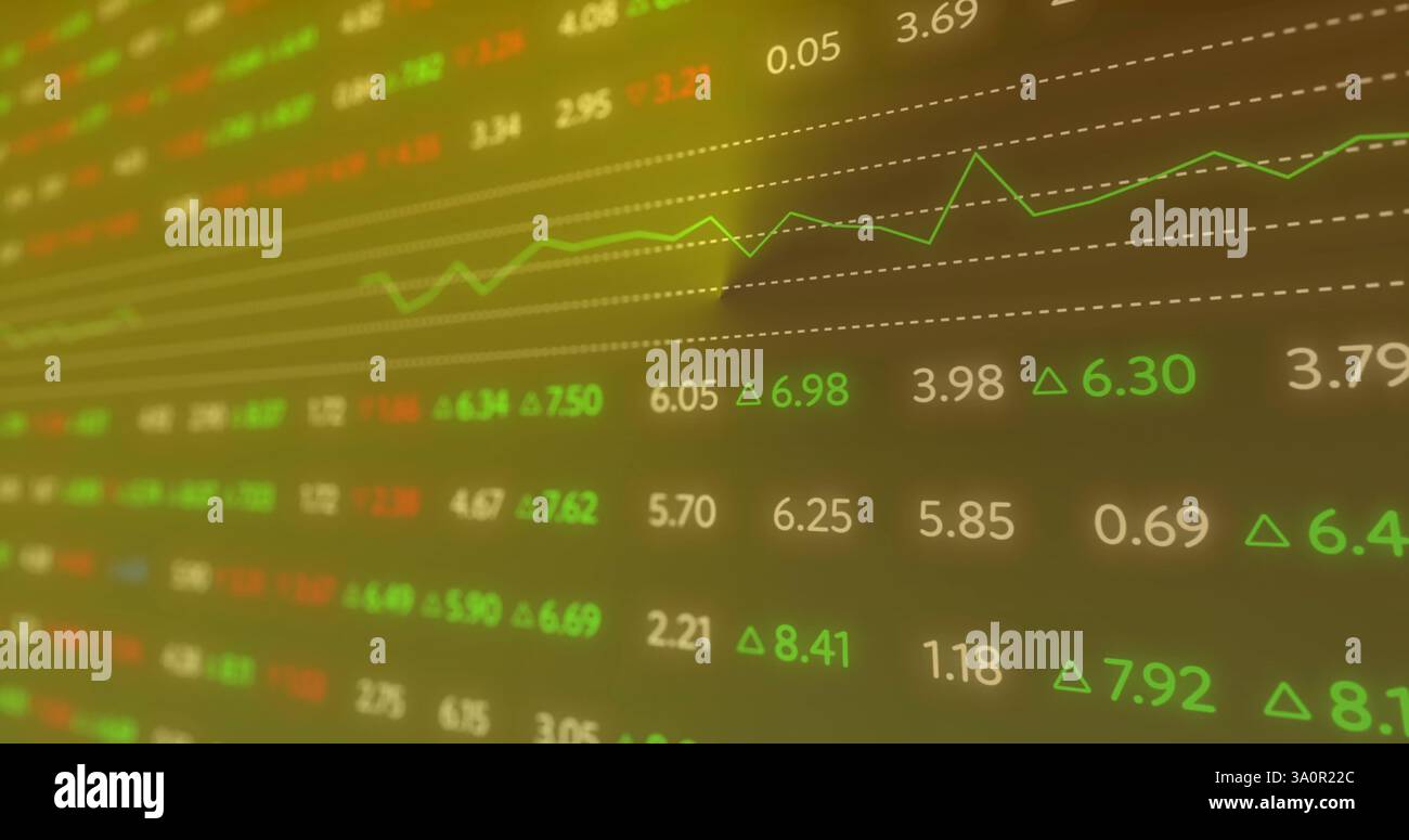 Image of financial data processing over yellow background Stock Photo