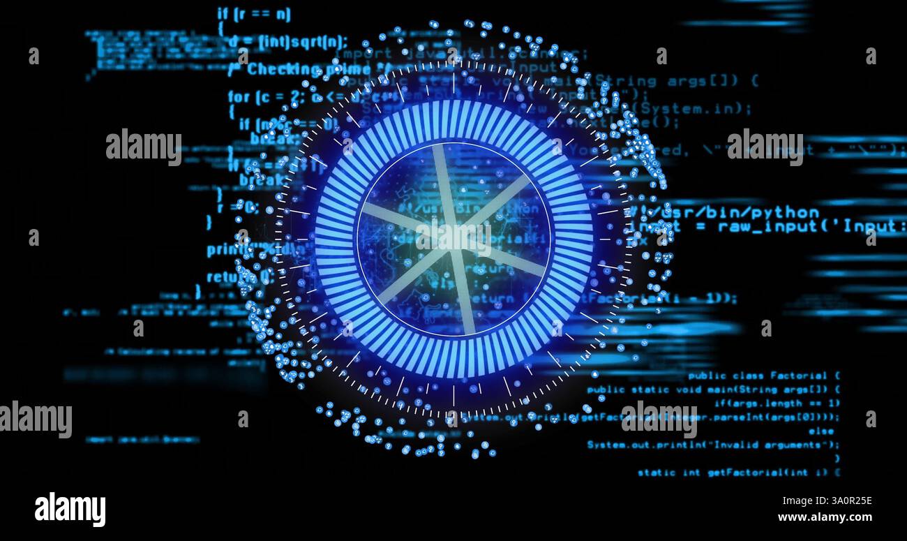Digital data processing image over blue circular interface with coding background Stock Photo