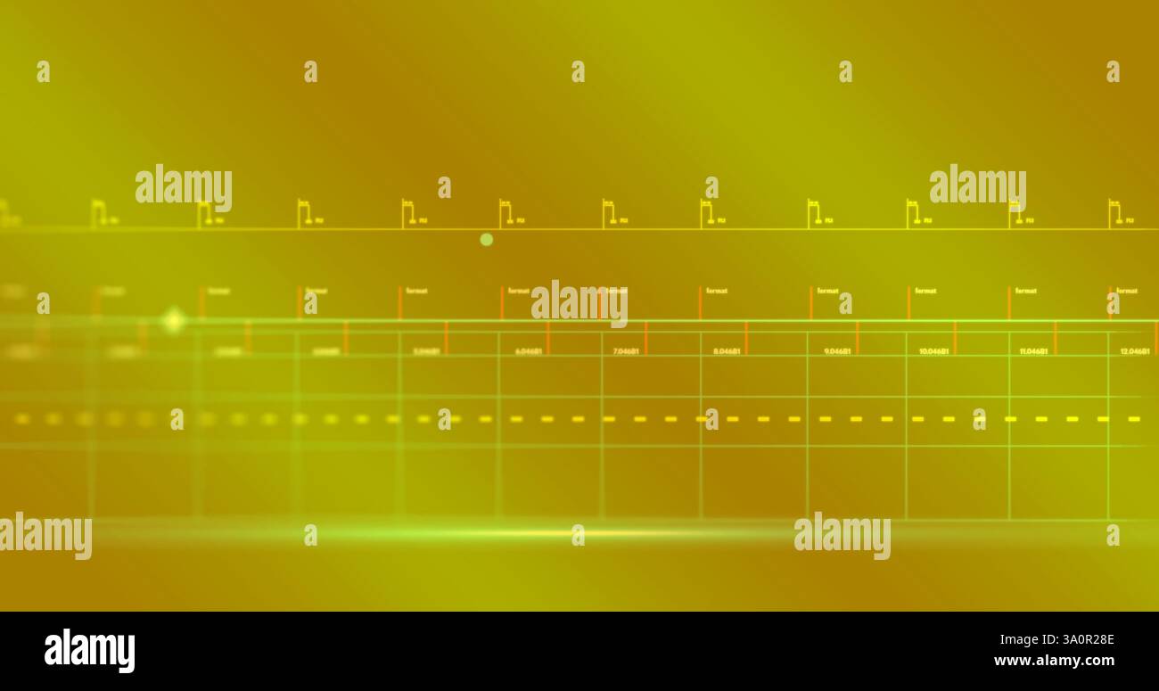 Image of data processing and shapes on yellow background Stock Photo