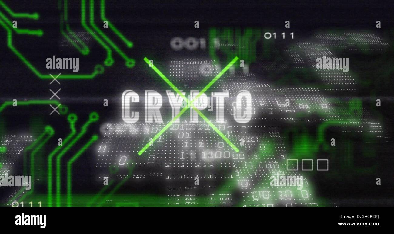 Image of data processing and connections over crypto text Stock Photo