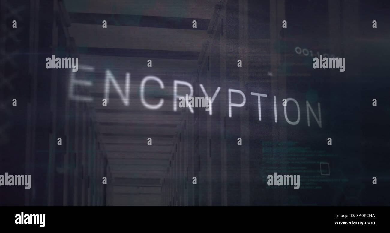 Image of encryption text and digital data processing over computer servers Stock Photo
